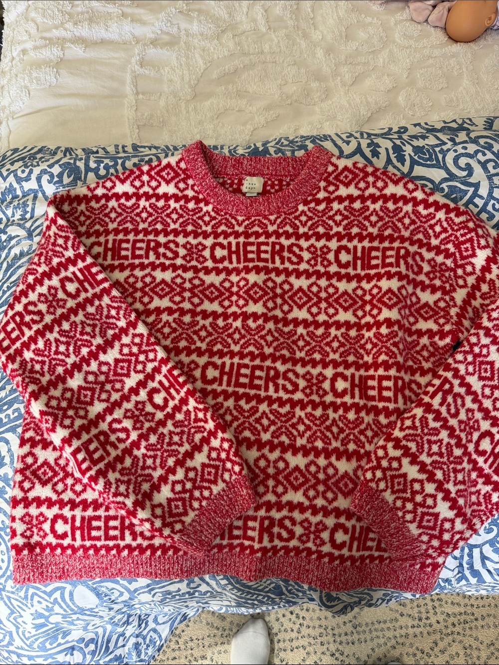 a new day Red and White 'CHEERS' Patterned Crewneck Sweater